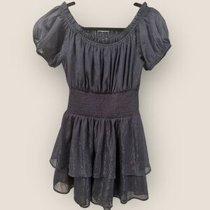 Andrée Elegant Navy Puff Sleeve Ruffled Mini-Dress Sz S Shimmery w/ Silver
